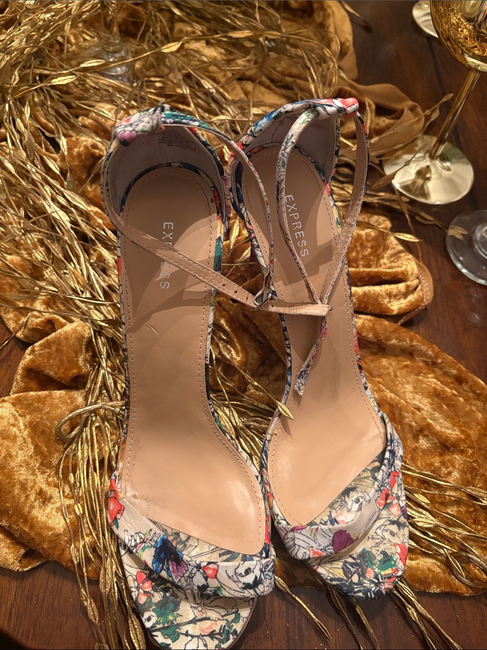 Express Floral Open-Toe Stiletto Sandals in Beige Multicolor